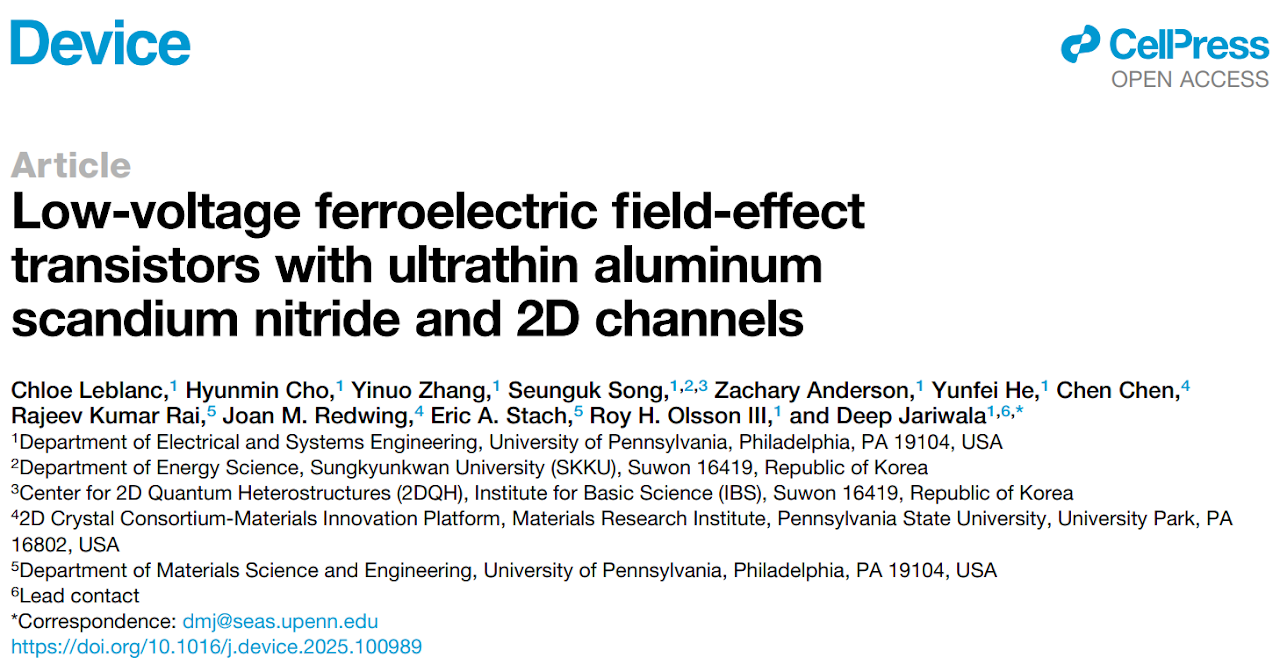 Device (Cell Press) — Low-voltage ferroelectric FET paper published